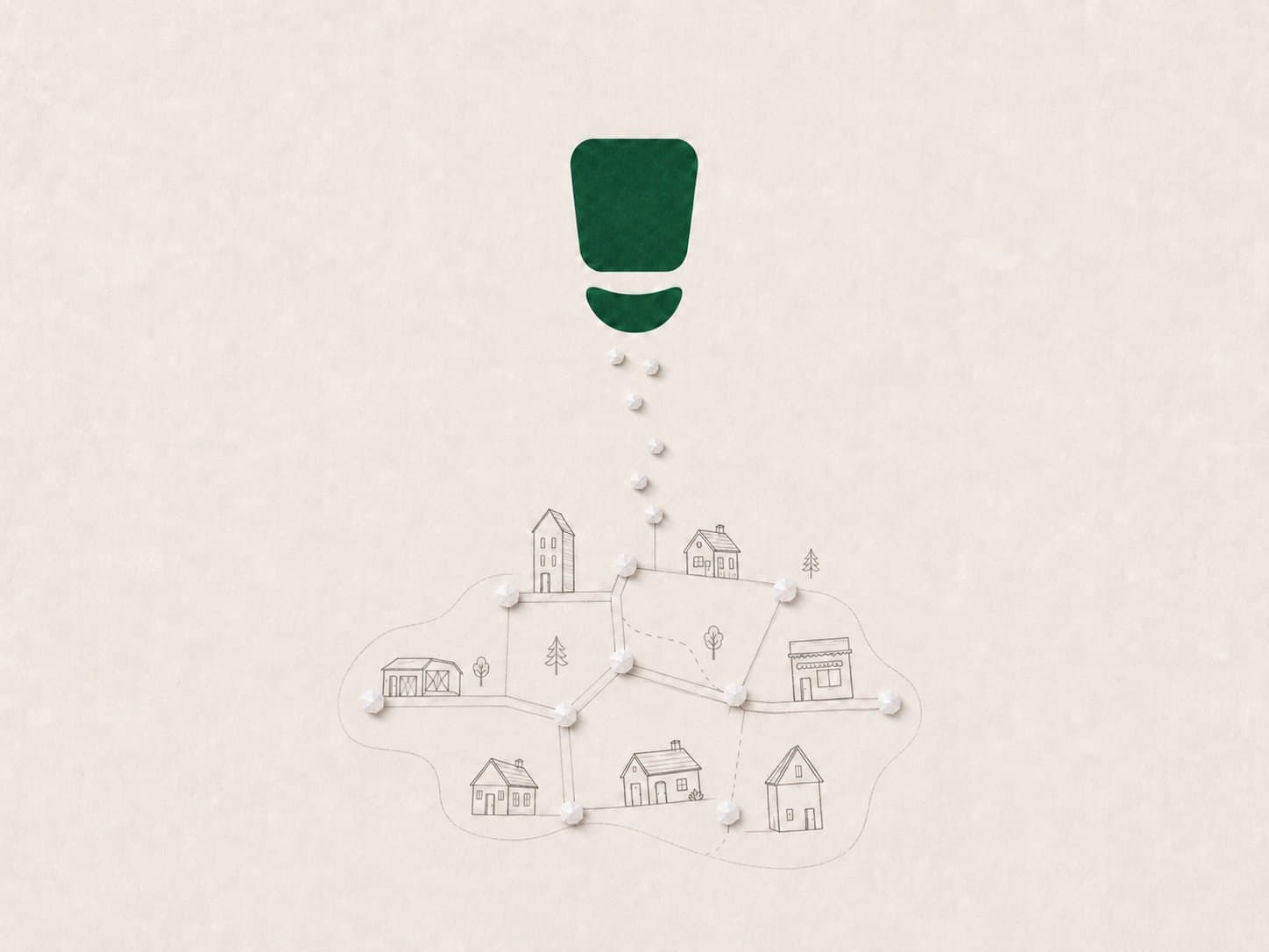 An illustration of a small village on a warm cream background.