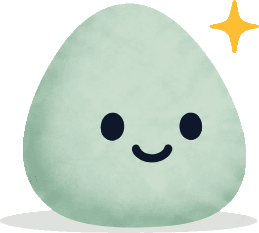 Pebbles, a smiling sage pebble with a gold sparkle.