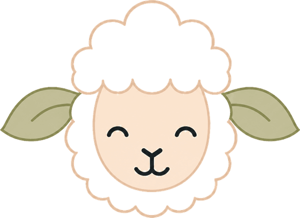 Rooted, a smiling sheep with sage leaf ears.